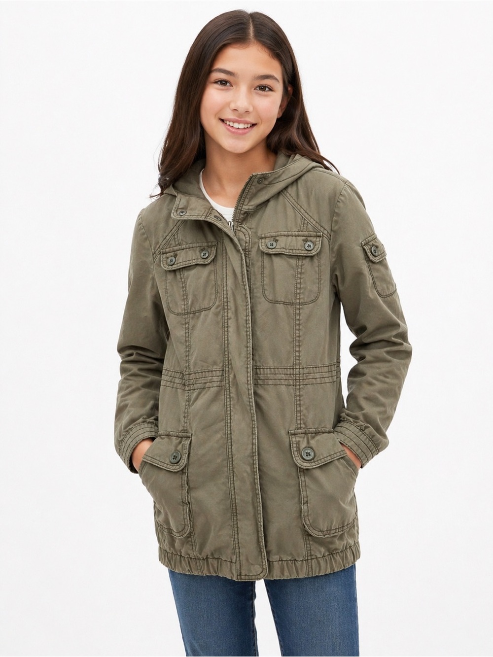 Gap Kids Girls Olive Green Cargo Jacket Hooded Cotton Parka Size XXL 14/16